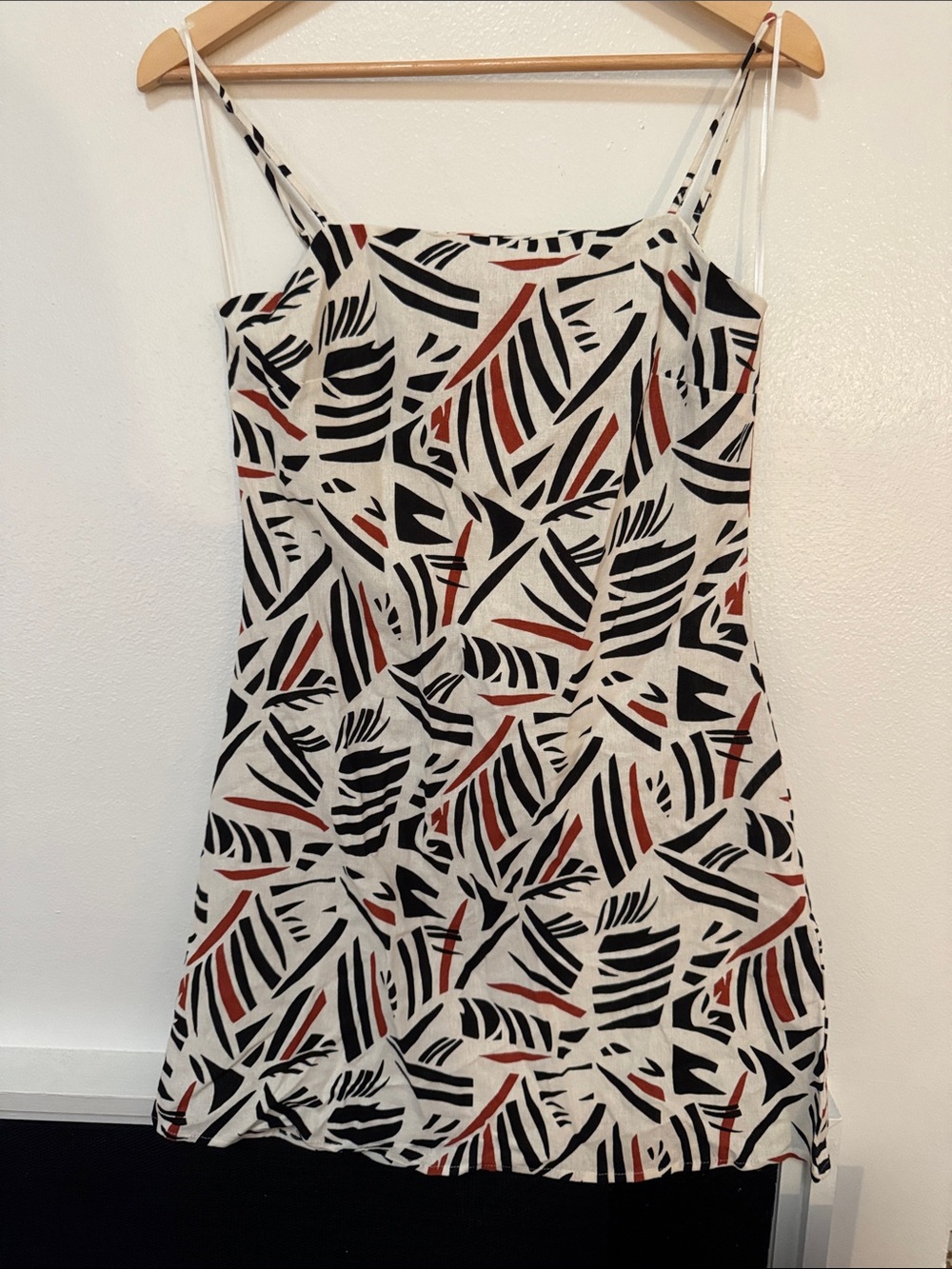 Blue Rain Abstract Strappy Mini Dress in White, Black & Rust